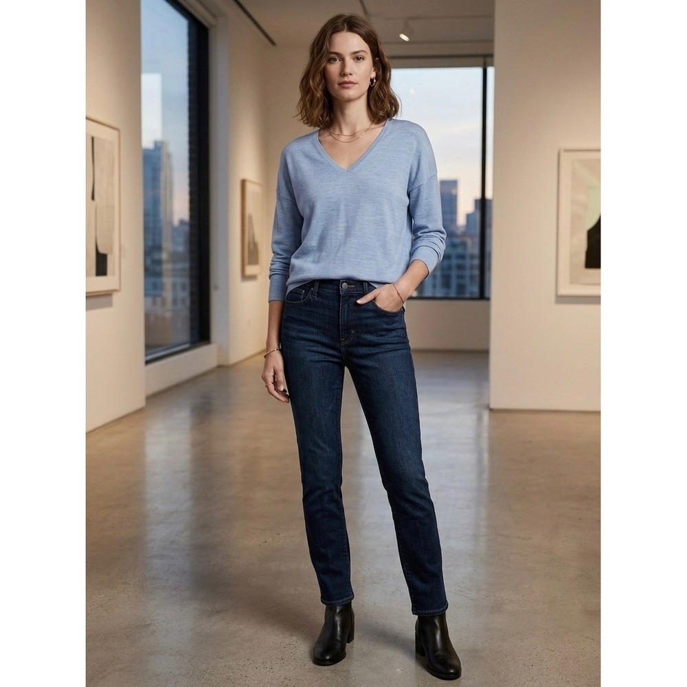 Banana Republic Blue 100% Merino Wool V-Neck Sweater Womens XL Extra Fine Knit
